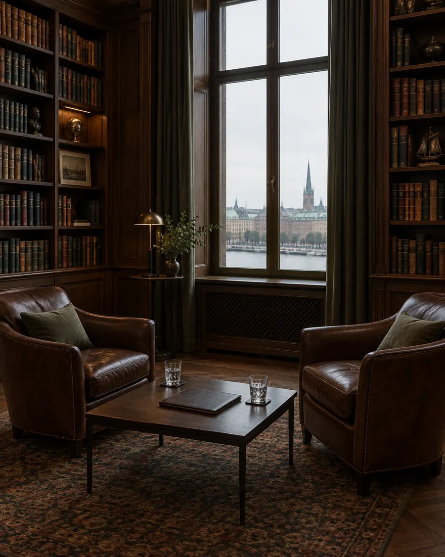 Holzgetäfelte Bibliothek mit zwei Ledersesseln