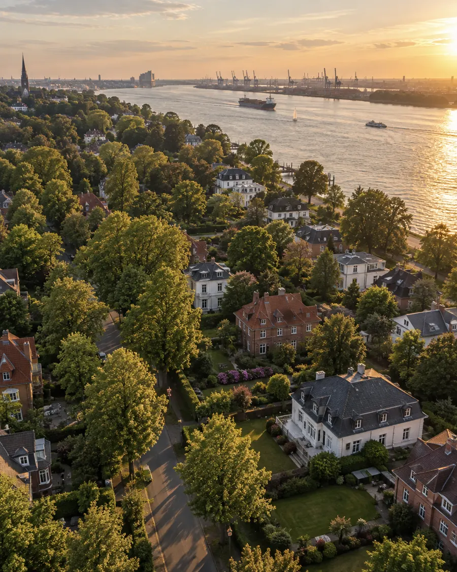 Luftaufnahme der Hamburger Elbvororte mit Villen und Blick auf die Elbe