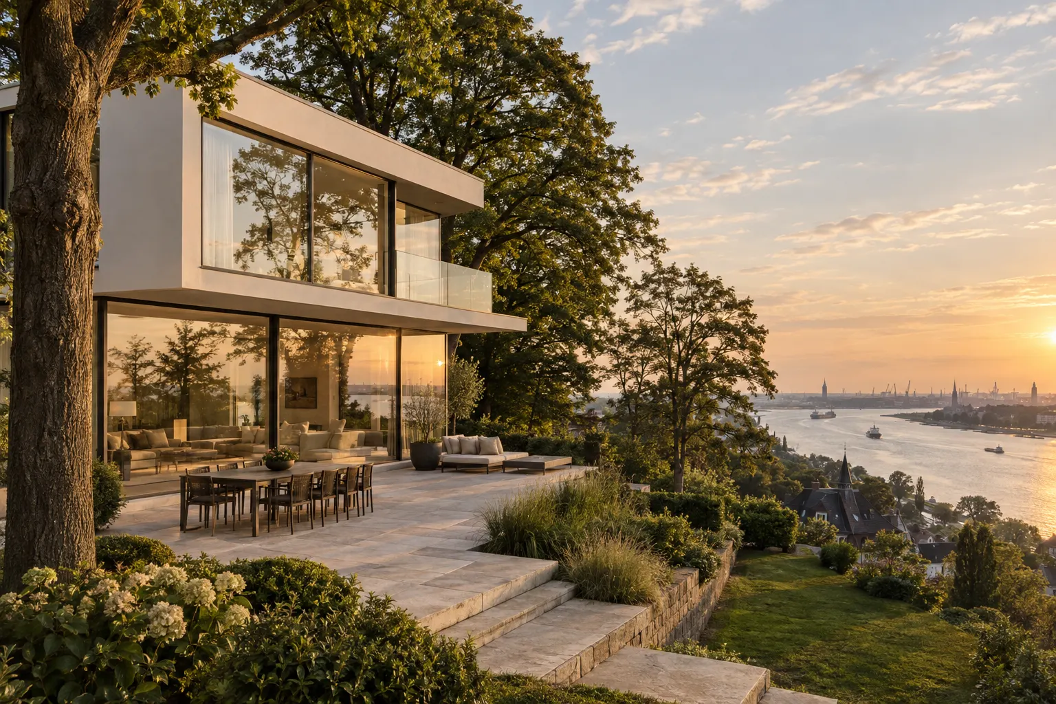 Moderne Villa am Elbhang in Blankenese mit Terrasse und Blick auf die Elbe