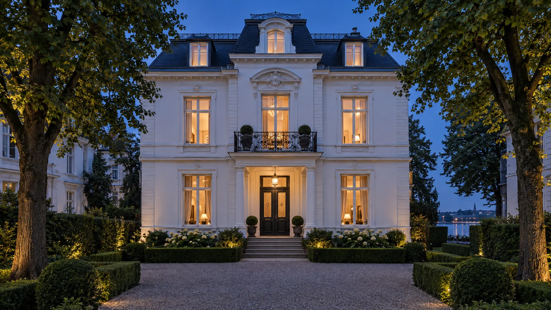 Weiße Gründerzeitvilla in Harvestehude zur blauen Stunde