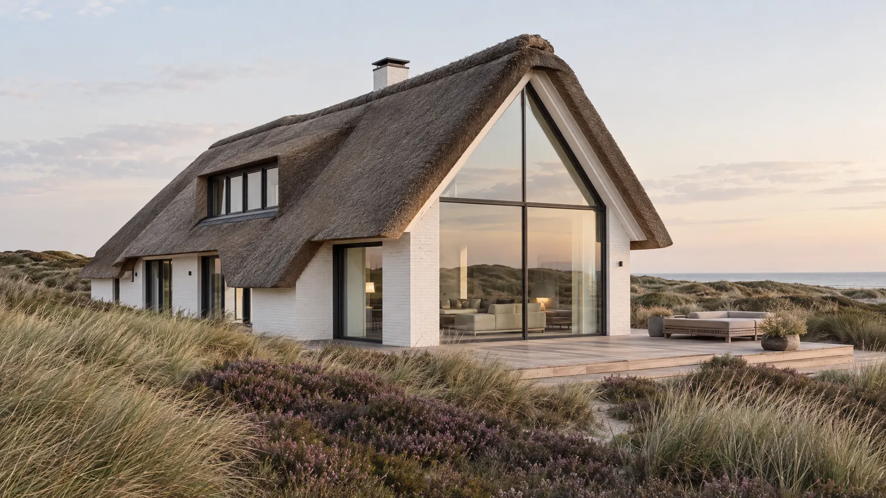 Reetdachhaus mit großer Glasfront in den Dünen von Sylt