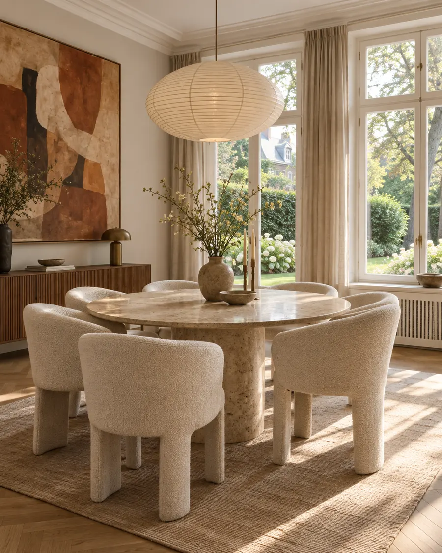 Elegant eingerichtetes Esszimmer mit rundem Travertintisch