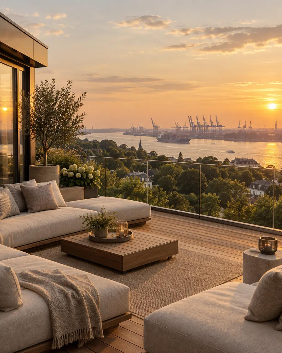 Dachterrasse eines Penthouses mit Blick über die Elbe bei Sonnenuntergang