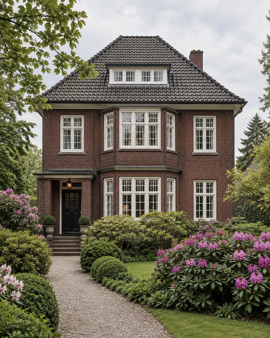 Klinkervilla aus den 1920er-Jahren mit Rhododendren im Vorgarten
