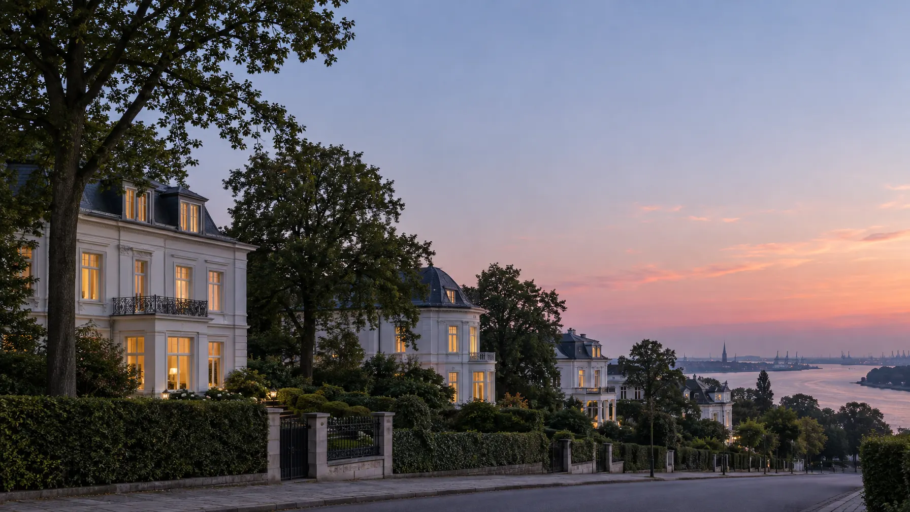 Villen an der Elbchaussee in der Abenddämmerung