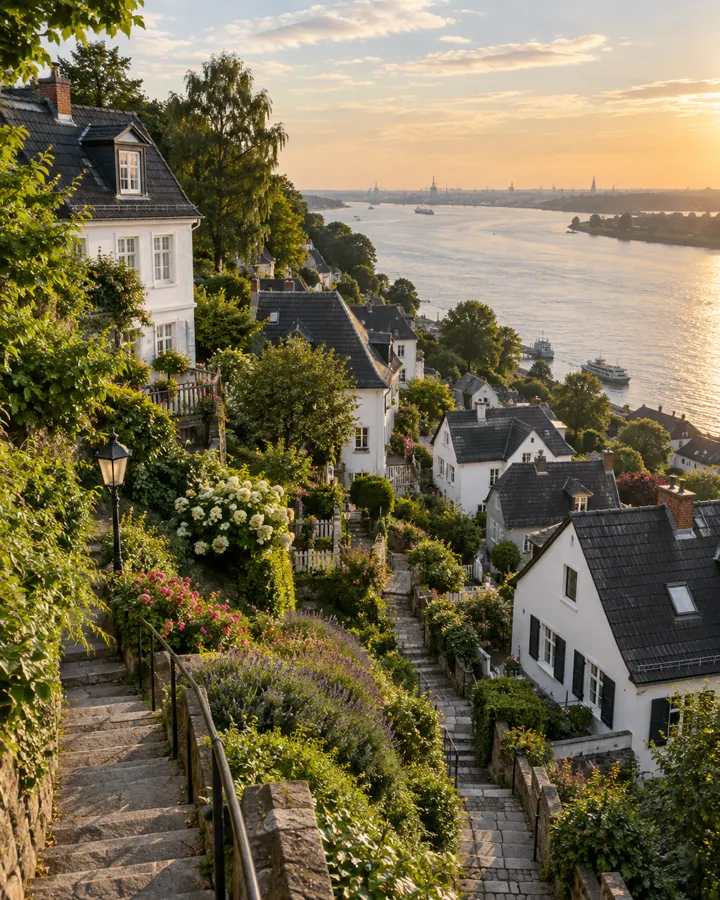 Treppenviertel in Blankenese mit Blick auf die Elbe