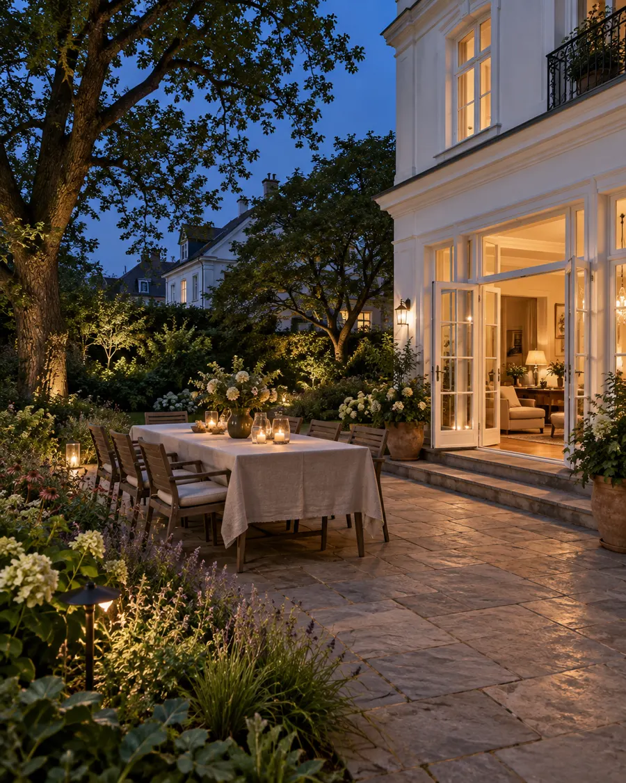 Gartenterrasse einer weißen Villa zur blauen Stunde