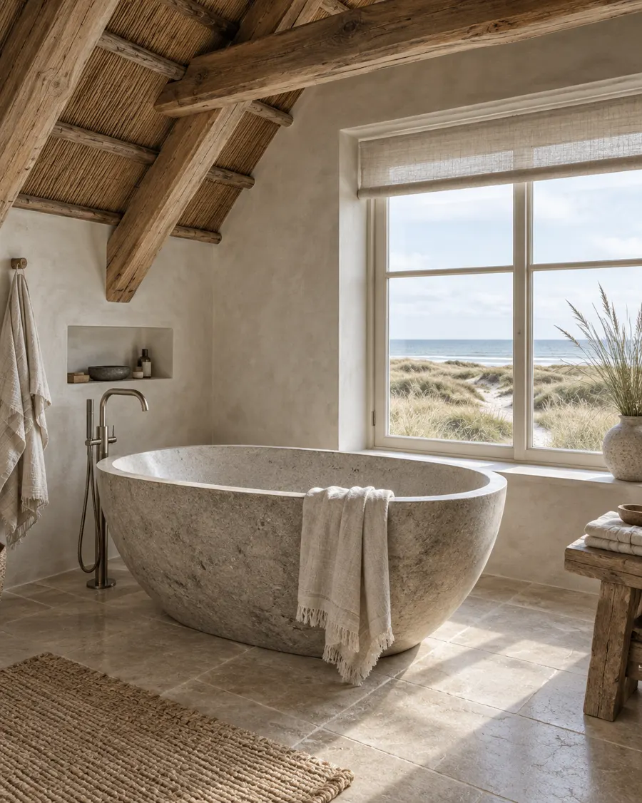 Badezimmer mit Steinwanne unter Reetdach, Blick auf die Dünen