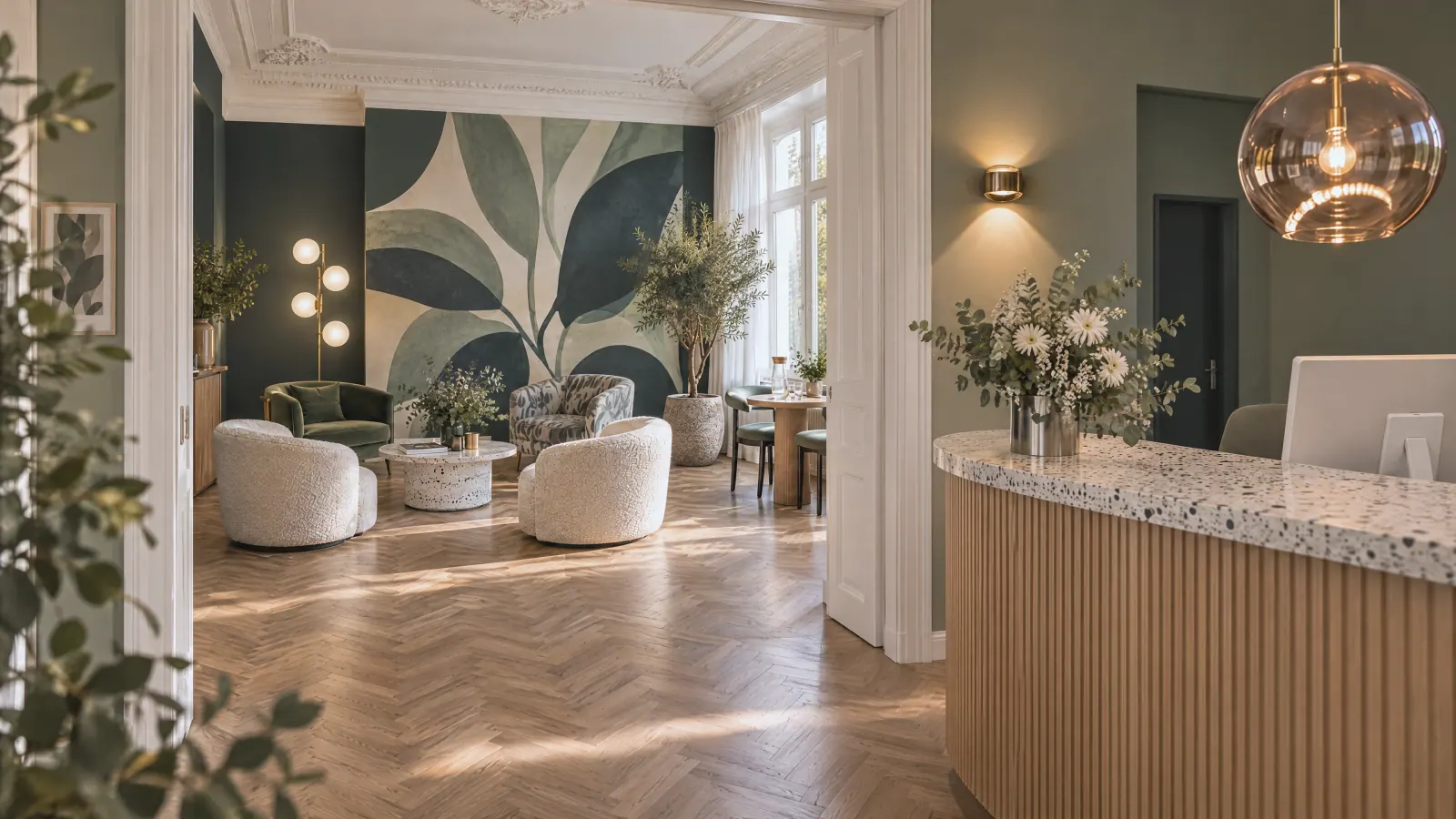 Empfang der Praxis am Lindenhof mit Terrazzo-Tresen und Eichenfront, durch die offene Tür der Blick ins Wartezimmer mit Bouclé-Sesseln, Botanik-Wandbild und hohen Altbaufenstern.