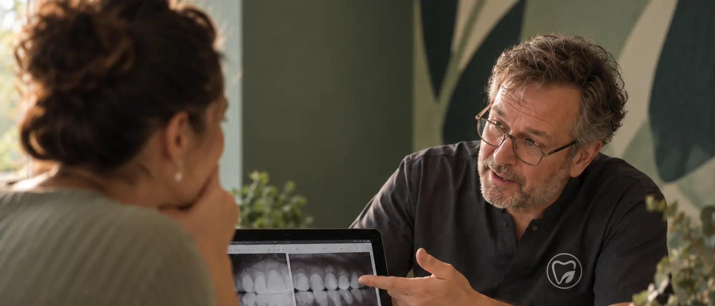 Beratungsgespräch: Dr. Felix Brandt erklärt einer Patientin am Tisch die Röntgenaufnahme auf dem Tablet.