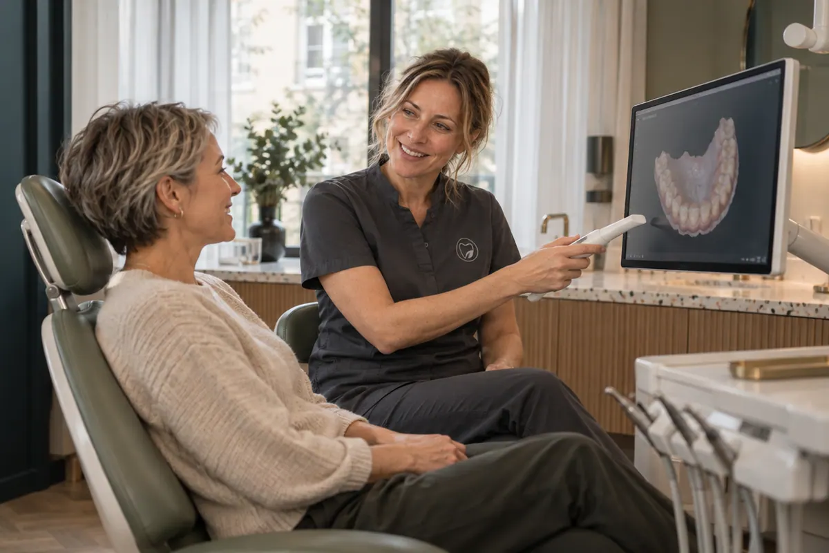 Dr. Johanna Weiss bespricht mit einer Patientin den 3D-Scan ihrer Zähne am Monitor.