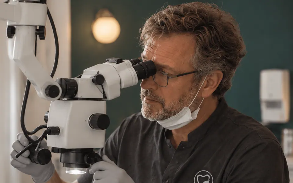 Dr. Felix Brandt arbeitet am Dentalmikroskop.