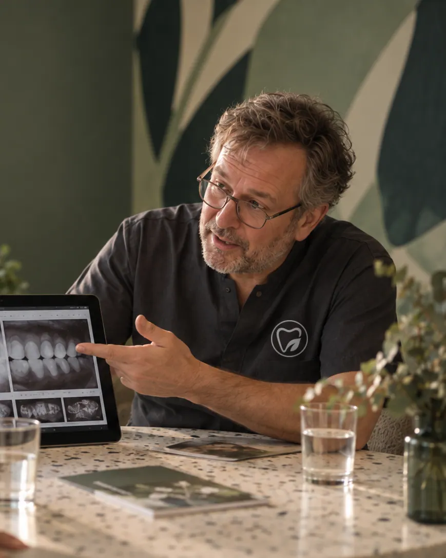 Dr. Felix Brandt im Gespräch, er zeigt auf eine Röntgenaufnahme.