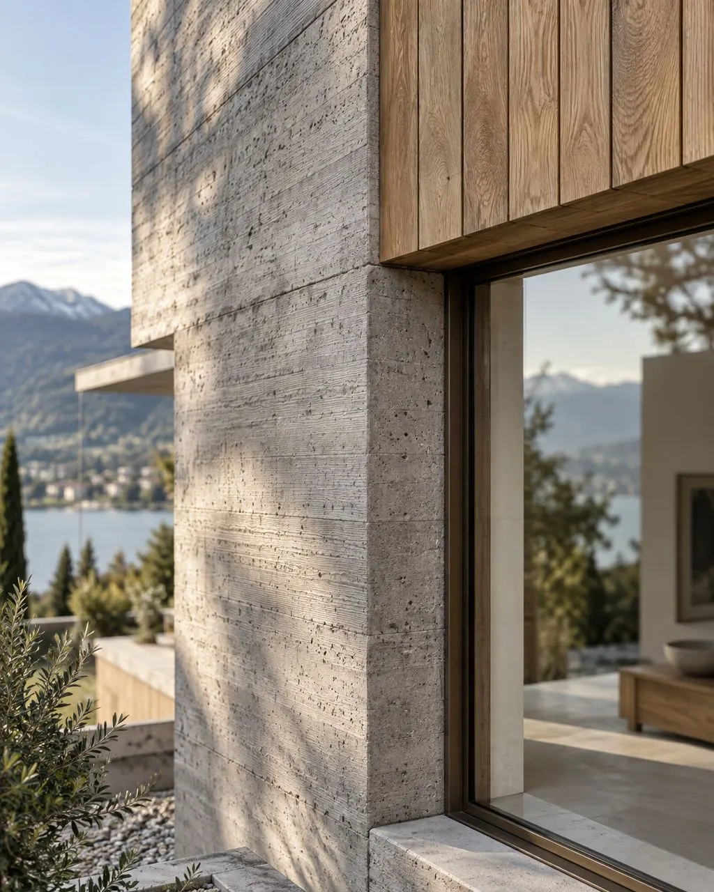 Gebäudeecke aus Sichtbeton und Eichenholz
