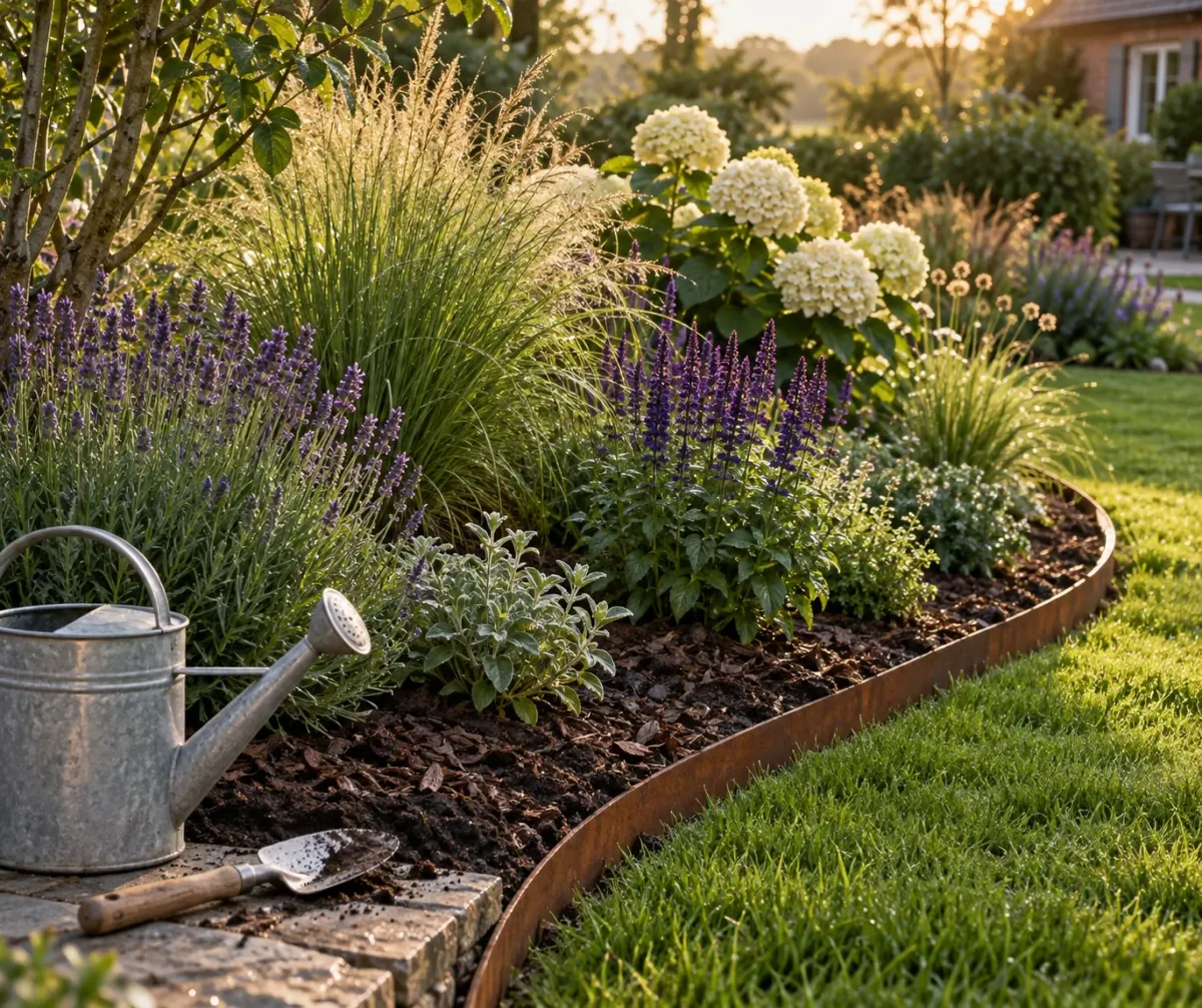 Frisch gepflanztes Staudenbeet mit Lavendel, Gräsern und Hortensien im Abendlicht