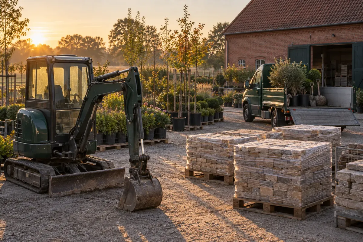 Betriebshof am Morgen: Minibagger, Paletten mit Pflastersteinen, Containerpflanzen vor einer Backsteinscheune