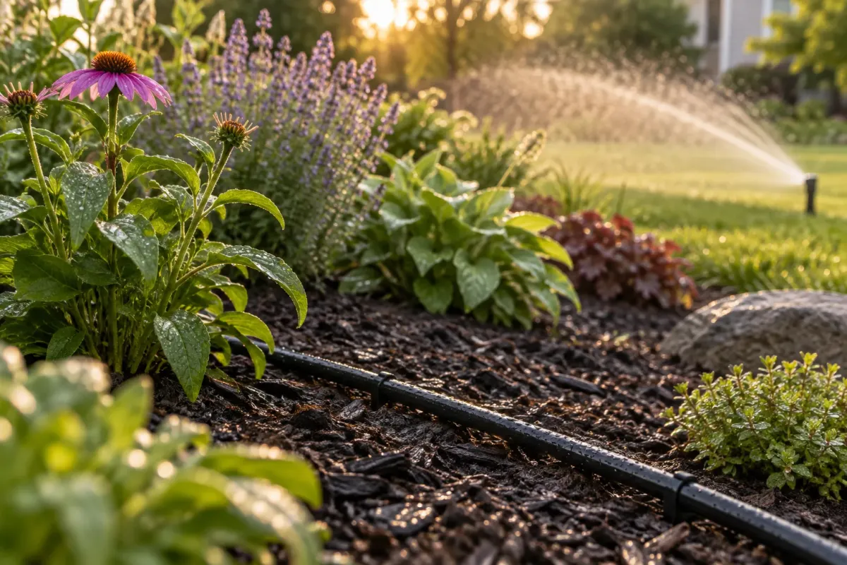 Tropfleitung in einem Staudenbeet, Wassertropfen im Gegenlicht