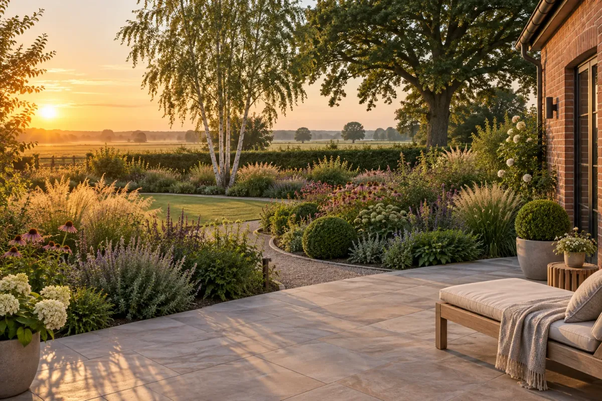 Fertiger Privatgarten im Abendlicht: Terrasse aus großformatigen Sandsteinplatten, Staudenbeete mit Gräsern und Sonnenhut, Birke und alte Eiche im Hintergrund
