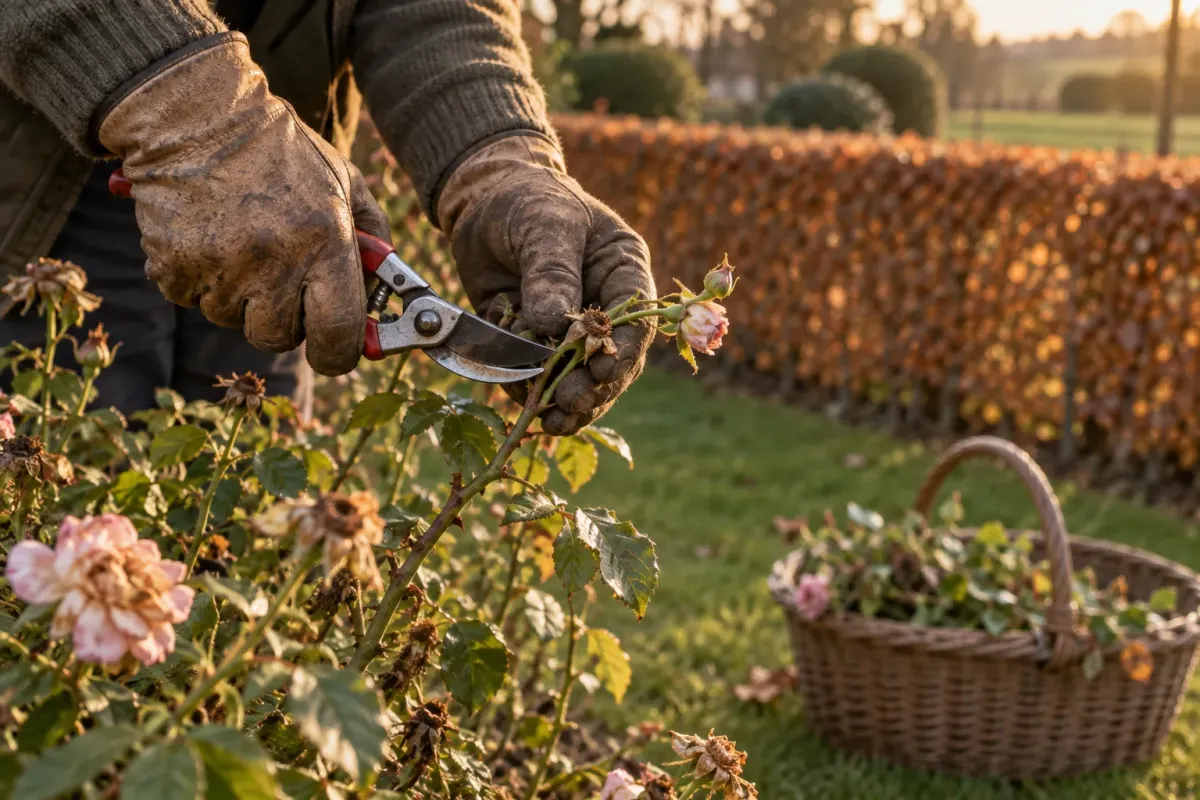 Hände mit Gartenschere beim Rosenschnitt, im Hintergrund eine geschnittene Hecke