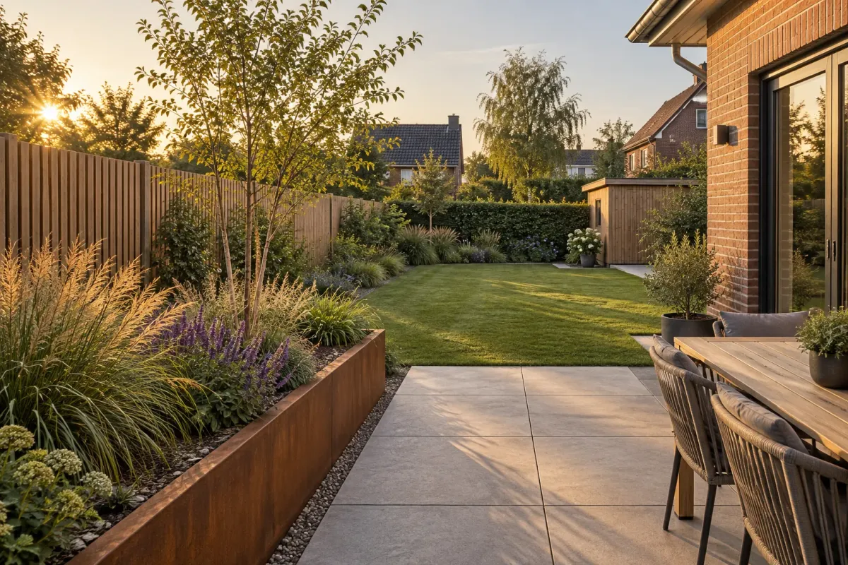 Derselbe Garten nach dem Umbau: neue Terrasse, Corten-Hochbeet mit Gräsern, Lärchen-Sichtschutz