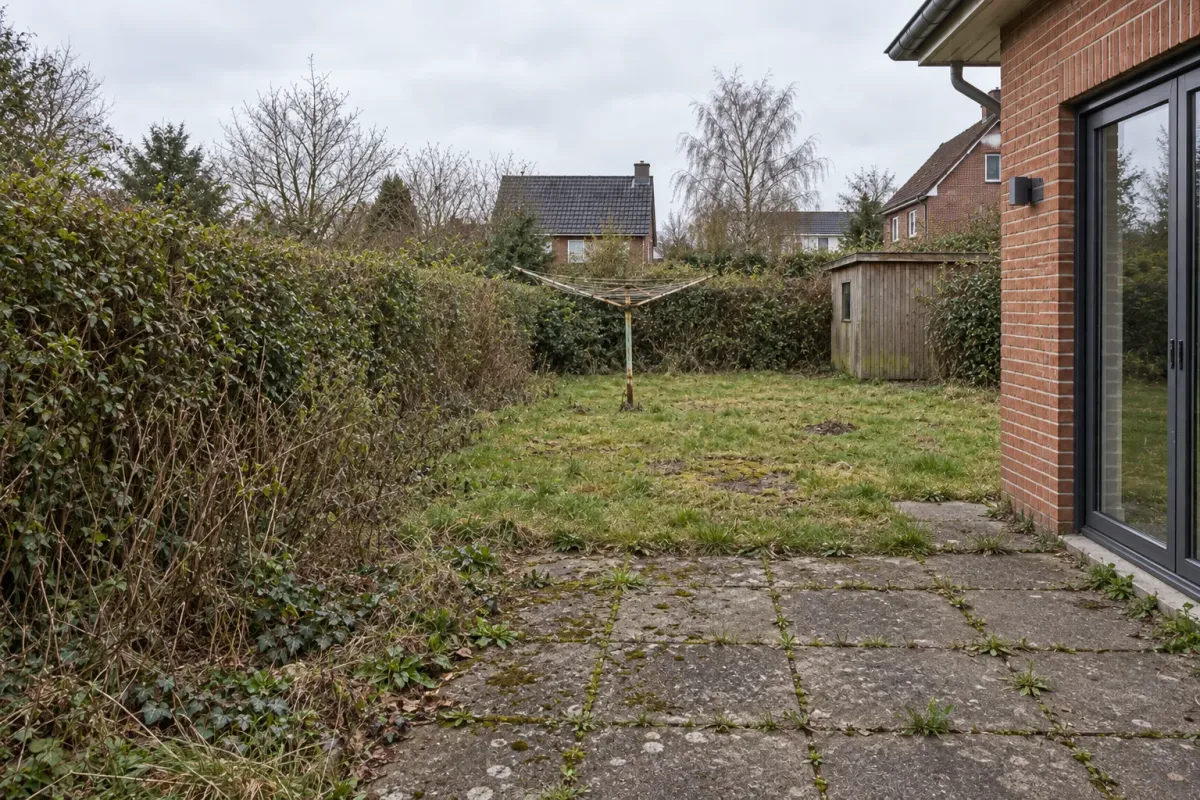 Der Garten vor dem Umbau: fleckiger Rasen, alte Betonplatten, überwachsene Hecke