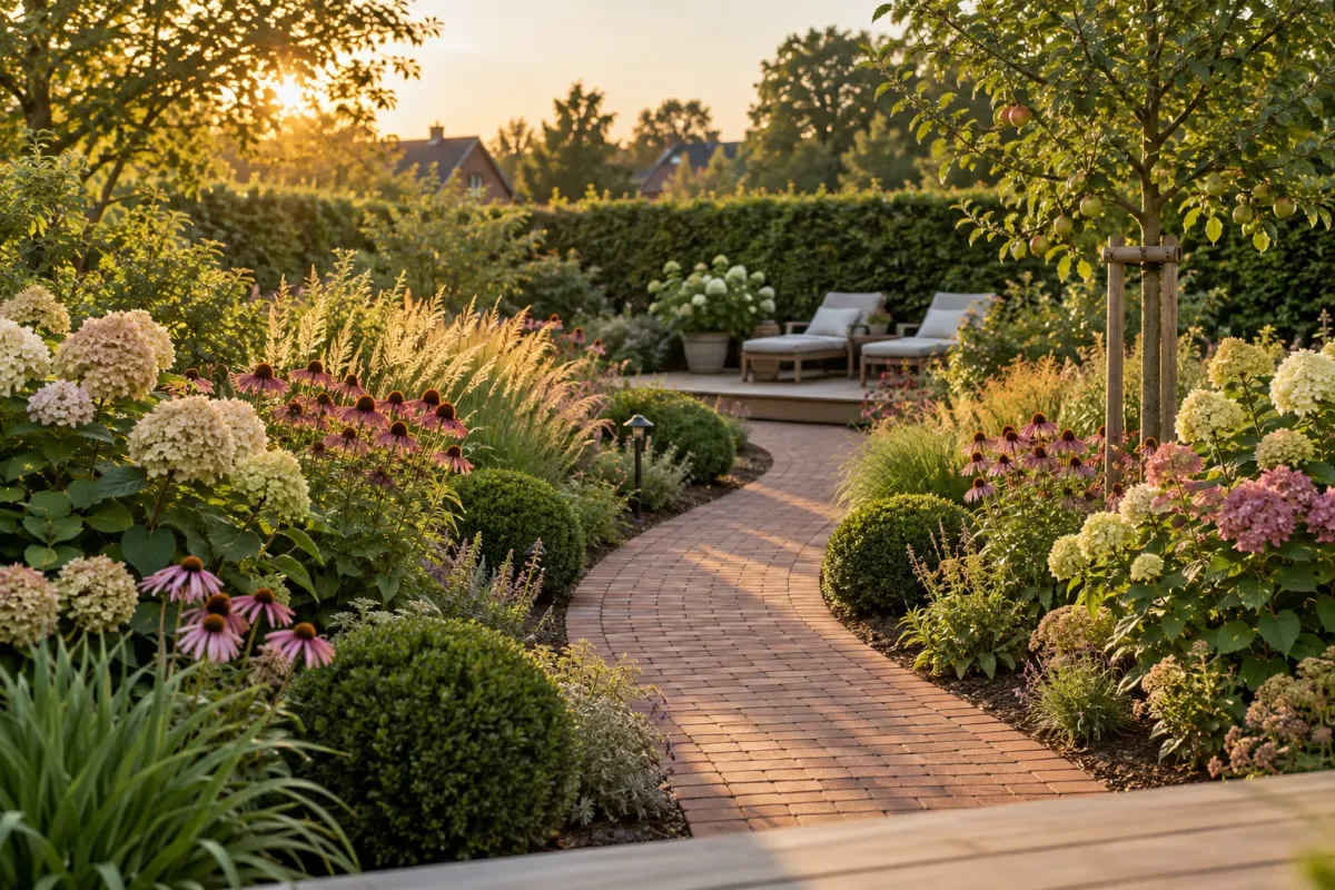 Derselbe Garten nach dem Umbau: geschwungener Klinkerweg, Staudenbeete, Holzdeck mit Stühlen