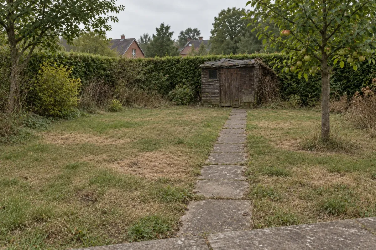 Der Garten vor dem Umbau: Rechteckrasen, gerader Plattenweg, alter Schuppen