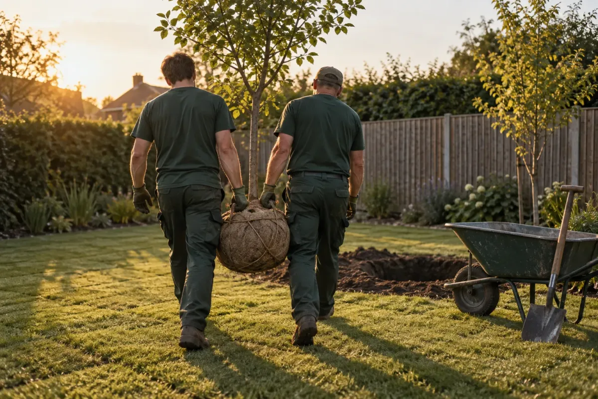 Zwei Gärtner tragen einen jungen Baum mit Wurzelballen über einen frisch verlegten Rasen