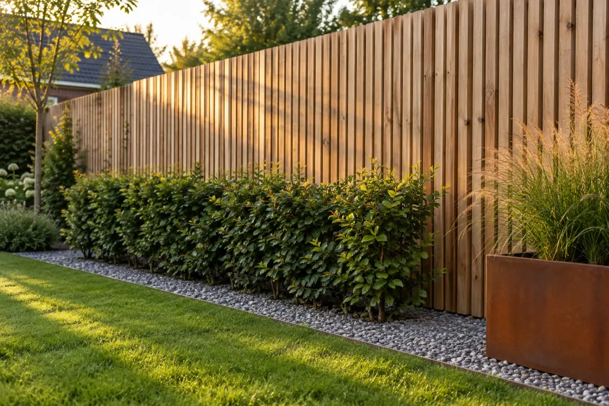Sichtschutz aus senkrechten Lärchenlatten mit Hainbuchenhecke davor